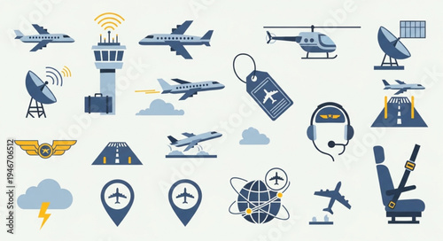 Aviation and Airport Icons - Planes, Control Tower, and Equipment.