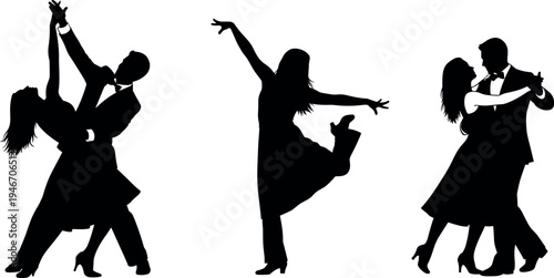 Elegant Ballroom Dancing Silhouettes Set Featuring Couples in Formal Attire and Solo Performer for Romantic Event Design and Wedding Illustrations