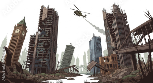 Destroyed cityscape with helicopter flying.