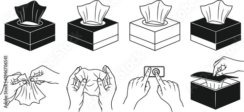 Tissue box and hand pulling tissue set, hygiene cleaning concept, napkin dispenser use steps, household sanitary paper vector illustration