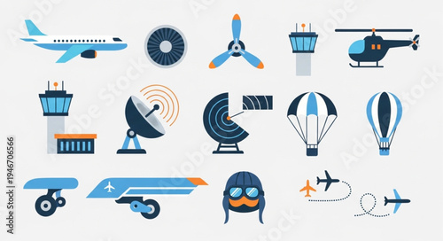 Aviation Icons Set - Airplane, Propeller, Control Tower, Helicopter, Radar, and Pilot.