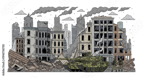Destroyed cityscape with rubble.
