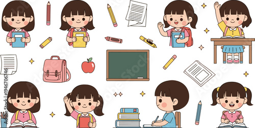 Cute school girl cartoon character set studying, reading books and writing homework with classroom supplies, adorable kid student mascot collection for education illustrations
