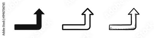 Upward and Rightward L-Shaped Arrow Icon Set, Turn Up Arrow Symbol Hand-Drawn Style, Growth Direction Indicator
