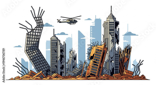 Destroyed Cityscape with Skyscrapers.