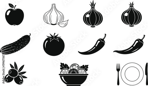 Vegetable and food icon set vector with apple, garlic, onion, cucumber, tomato, chili pepper, olives, salad bowl and plate utensils
