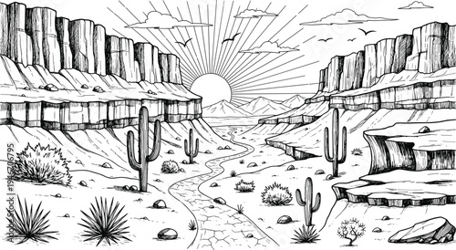 Hand drawn desert canyon landscape with cacti cliffs winding river and sunset rays in vintage sketch style isolated on white backgroundHand drawn desert canyon landscape with cacti cliffs winding rive