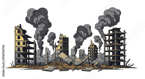 destroyed cityscape with smoke.