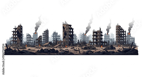 destroyed cityscape with smoke.