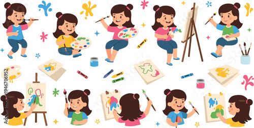 Cute little girl artist cartoon character set painting pictures with brushes, palette and easel, creative kid mascot collection for art education and hobby illustrations