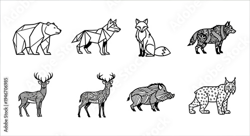 Geometric stylized animals fox bear wolf deer boar and lynx artistic line art collection