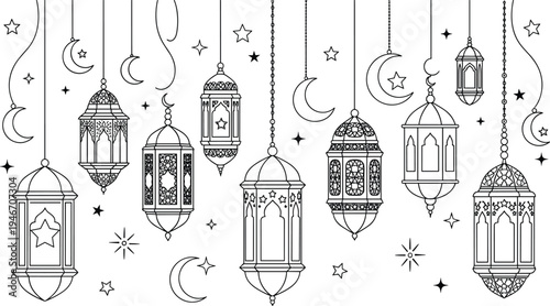 Beautiful vector illustration set of traditional hanging Arabic lanterns and crescent moons with stars for Ramadan Kareem and Eid Mubarak celebrations.