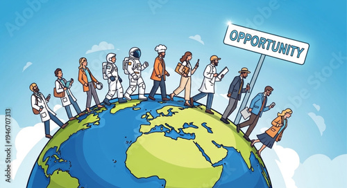 Diverse People Around Globe Holding Opportunity Sign.