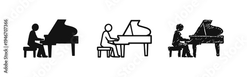 Person Playing Grand Piano Icon Set, Musician and Classical Music Symbol, Hand-Drawn Piano Player Silhoutte