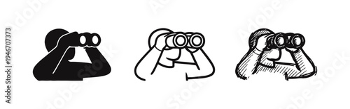 Person Looking Through Binoculars Icon Set, Observation and Exploration Symbol, Hand-Drawn Search and Discovery