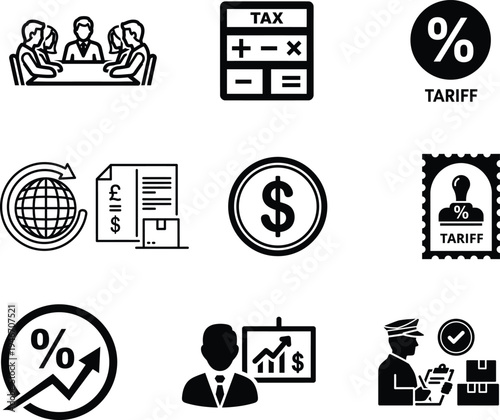 collection of business and finance icons including tax and tariff concepts
