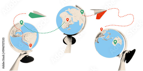 Global travel routes with paper airplanes and Earth globes. International logistics and navigation destination journey concept in halftone collage mixed media style. Vector illustration