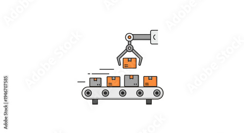 Industrial robotic arm moving boxes on conveyor belt.