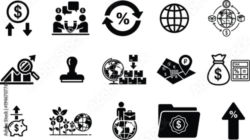 set of business and finance icons in black and white