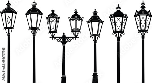 Vintage street lamp silhouettes vector set, classic Victorian lantern streetlights collection, antique city lighting posts isolated for urban design illustration