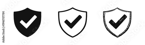 Shield with Checkmark Icon Set: Security, Protection, and Verified Symbols in Various Styles