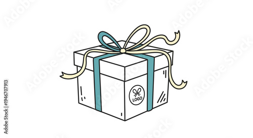 A white gift box with blue ribbon and bow.