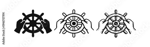 Hands on Ship Steering Wheel Icon Set: Maritime, Leadership, and Navigation Symbols in Various Styles