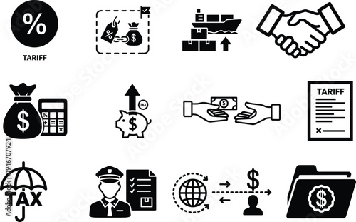tariff and tax icons in black on white background