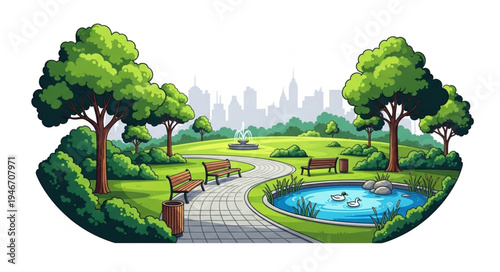 Vibrant City Park with Pond and Trees.