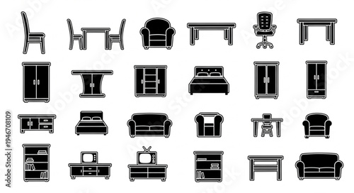 Collection of Black Furniture Silhouettes on White Background.