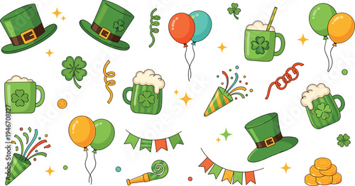 St Patrick’s Day festive cartoon icon set with leprechaun hats, shamrocks, beer mugs, balloons, confetti and gold coins for Irish holiday celebration illustrations