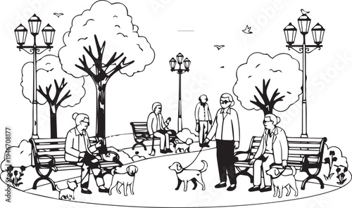 Park Life Line Art Illustration - Seniors and Dogs