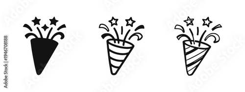 Confetti popper icon set. Celebration, party, and festive event symbol. Success and joy flat vector illustration.