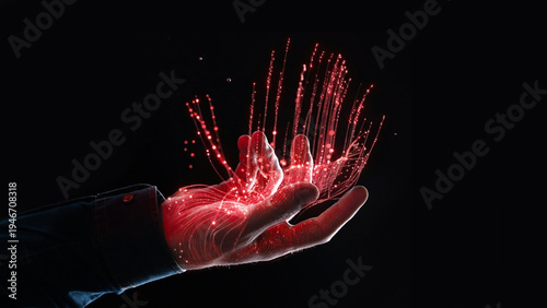 Fotografía Futuristic human hand holding glowing red digital particles and energy streams in darkness