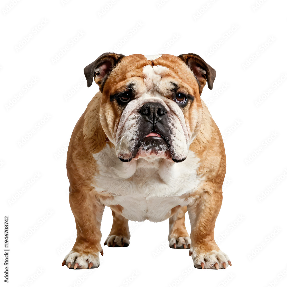 Obraz premium English bulldog with a sturdy and compact build stands alert on a white background