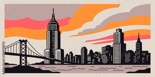 USA, US, U.S, United States - New York City Manhattan skyline sunset panoramic travel poster, glowing skyscrapers and river reflections
