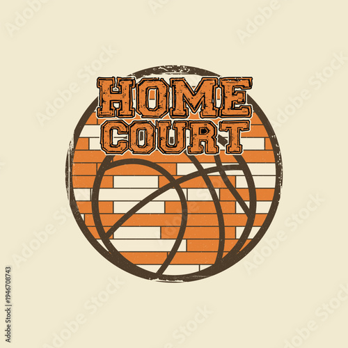 Vintage distressed basketball design with "Home Court" text, perfect for sports apparel and fans.