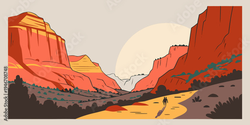 USA, US, U.S, United States - Zion National Park towering sandstone canyon sunset panorama glowing cliffs
