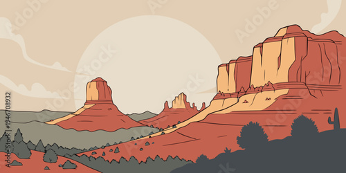 USA, US, U.S, United States - Sedona Red Rocks glowing sandstone cliffs sunset panorama spiritual desert landscape
