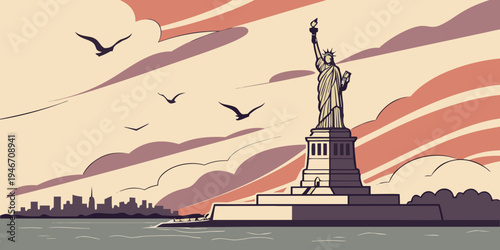 Statue of Liberty Harbor Sunrise Panorama – Dramatic Sky & Seagulls Over Iconic Monument | USA US U.S United States