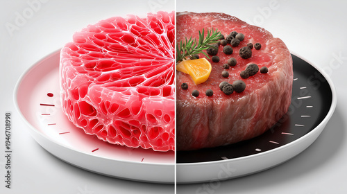 Concept de nourriture du futur : Sur une assiette, à gauche, viande cultivée en laboratoire avec structure cellulaire visible et à droite le steak dressé