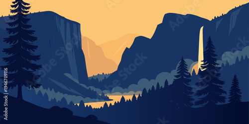 USA, US, U.S, United States - Yosemite Valley granite cliffs waterfall panorama sunrise cinematic wilderness
