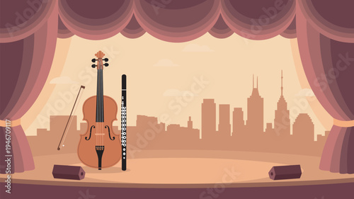 A violin and recorder sit on a stage with a city skyline in the background at sunset