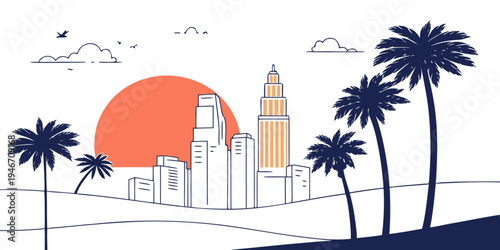 USA, US, U.S, United States - Los Angeles skyline with palm trees glowing sunset panorama cinematic California vibe
