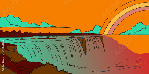 USA, US, U.S, United States - Niagara Falls massive waterfall mist rainbow sunrise panorama cinematic nature travel poster
