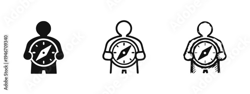 Person holding compass icon set. Guidance, direction, and navigation symbol. Strategy and purpose flat vector illustration.