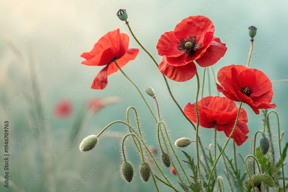 Naklejka premium Red Poppy Flowers Field