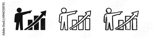 Person Pointing at Growing Bar Chart Icon Set, Illustrating Business Growth and Progress.
