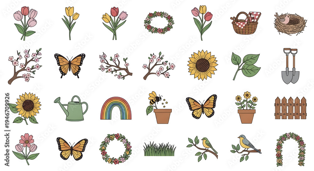 Fototapeta premium A delightful collection of charming spring season elements and garden-themed illustrations, perfect for creating vibrant designs, decorations, and digital art