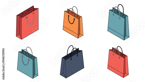 Selection of colorful isometric shopping bags with handles in various sizes and colors like red, orange, and blue for retail designs.